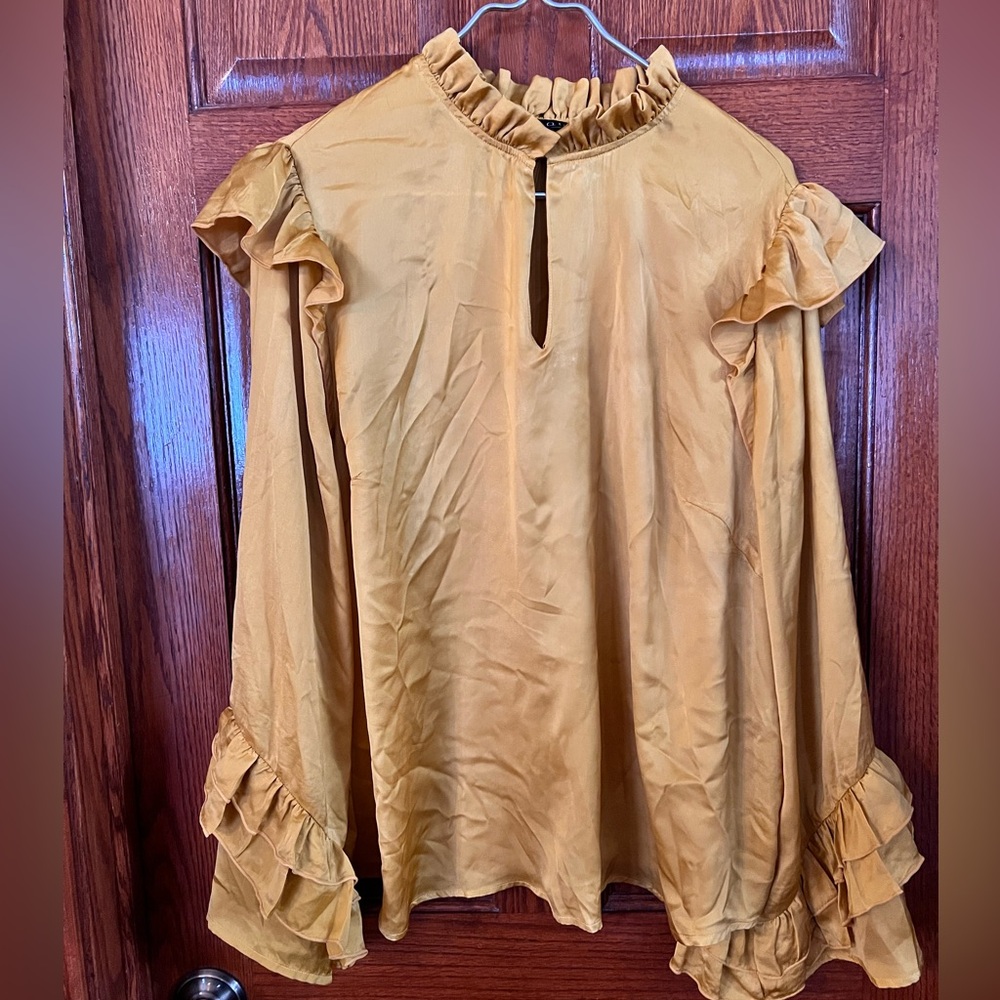 Eloquii Size 20 Mustard Yellow Pullover Ruffled V Neck Long Wide Sleeves